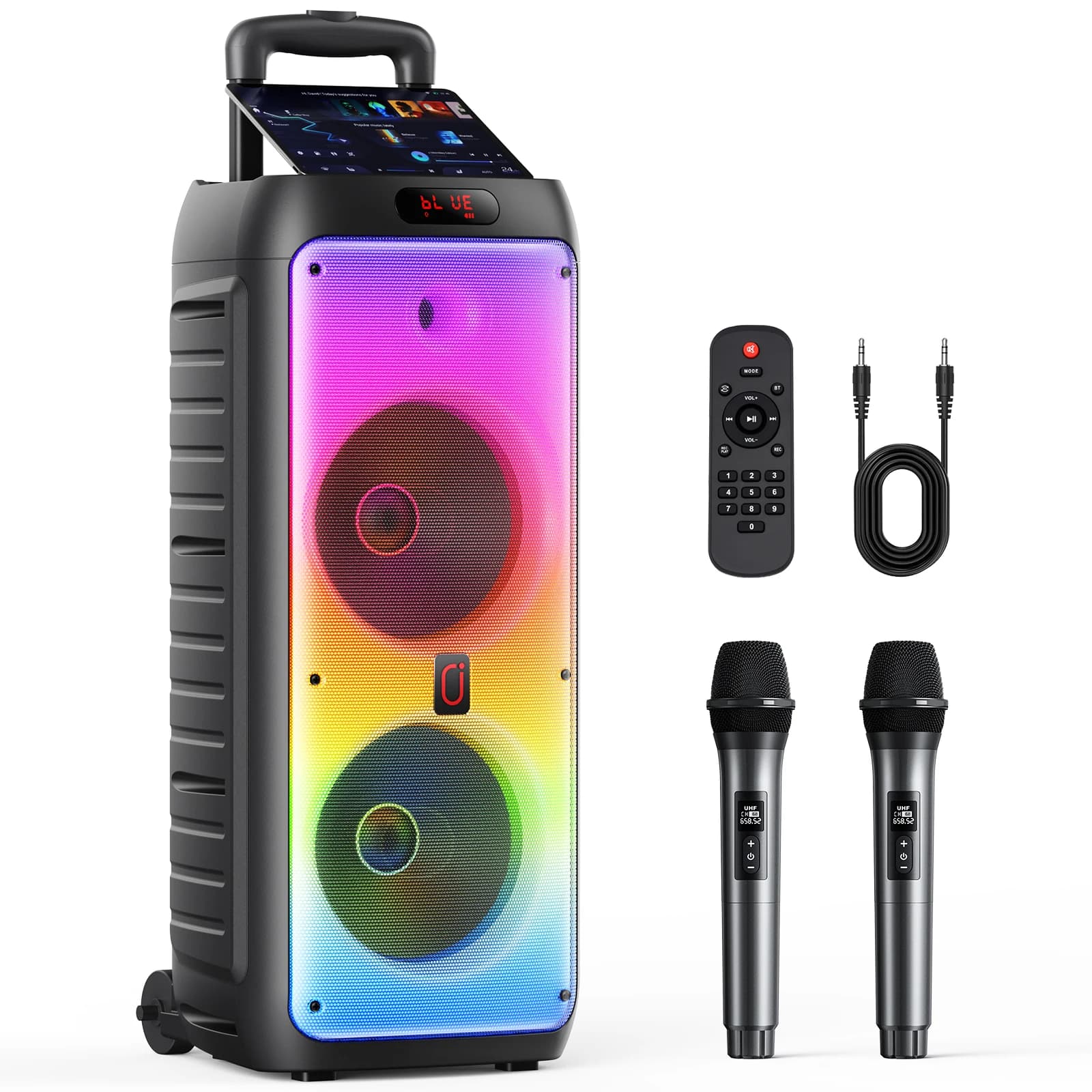 Altoparlante Bluetooth T38 Grande, Speaker Wireless con Ruote e Maniglia, Macchina per Karaoke con Due Microfoni e Funzione TWS
