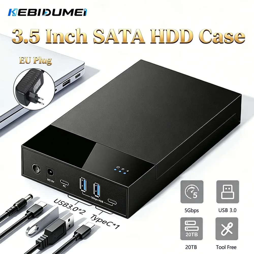 Kebidumei 3.5 Inch HDD Case External Hard Drive Storage Enclosure Docking Station for 2.5/3.5 In SATA SSD HDD With 12V 2A Power