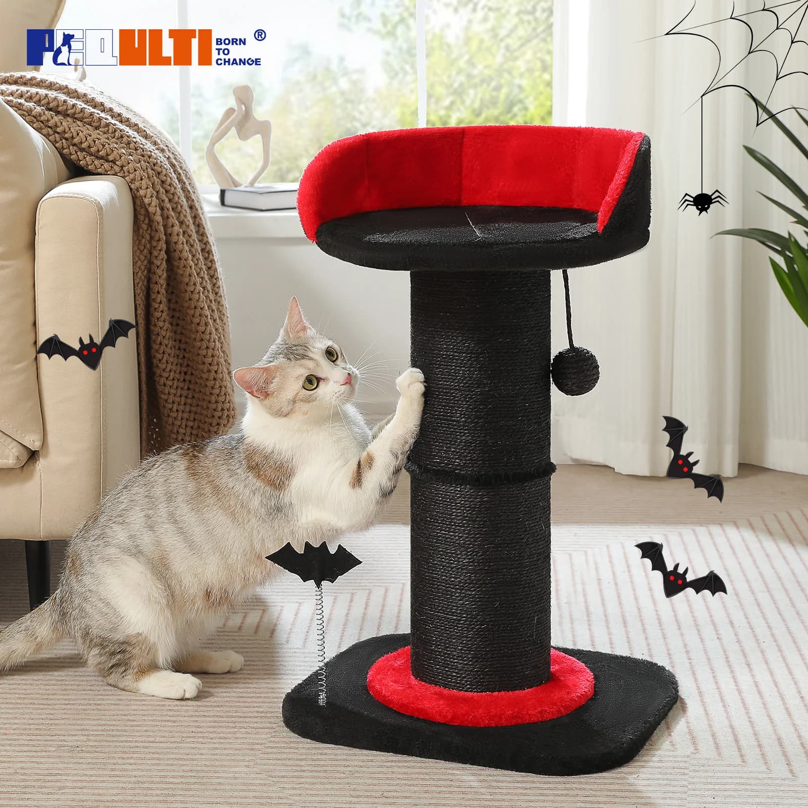 Tiragraffi per gatti di grandi dimensioni per albero per gatti gotico da interno Tiragraffi per gatti alto con tiragraffi spesso Letto per gatti rimovibile Palla a molla