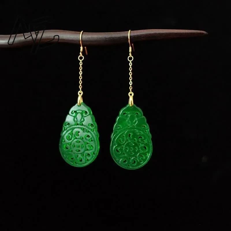 925 argento giada verde naturale scava fuori orecchini fai da te gioielli con ciondoli accessori moda donna intagliata a mano fortuna amuleto regali