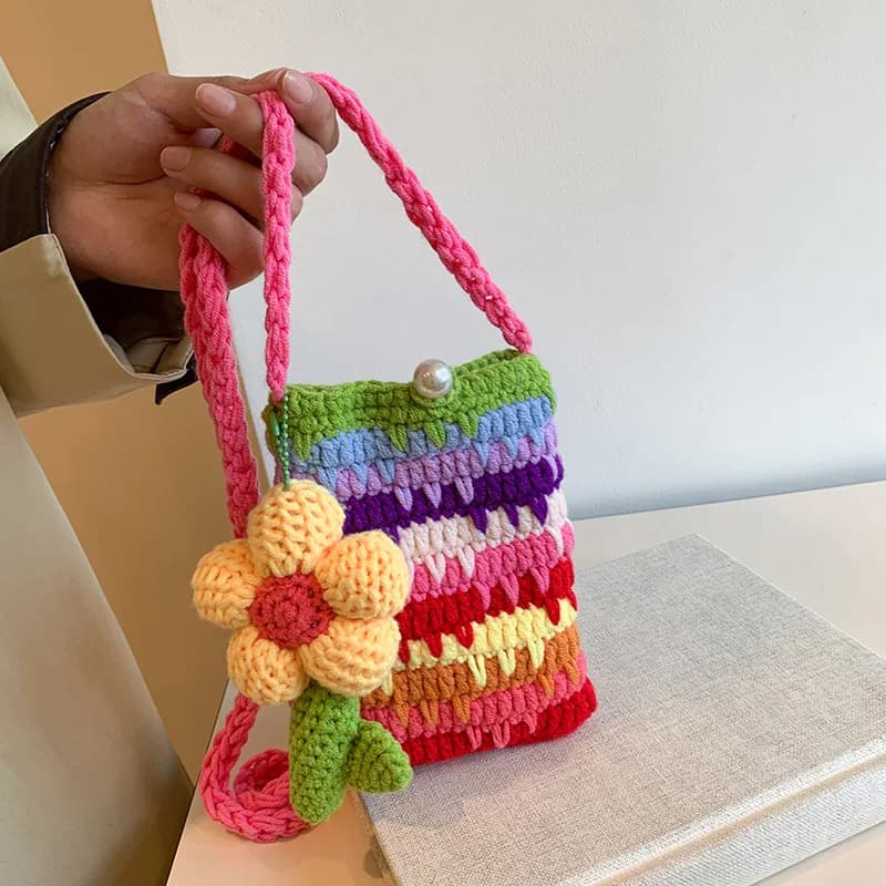 Knitted Wool Woman Bag Fashion Mobile Phone Bag Tote Shoulder Bag with Pendant Cute Flower Bags for Women Lightweight Handbag
