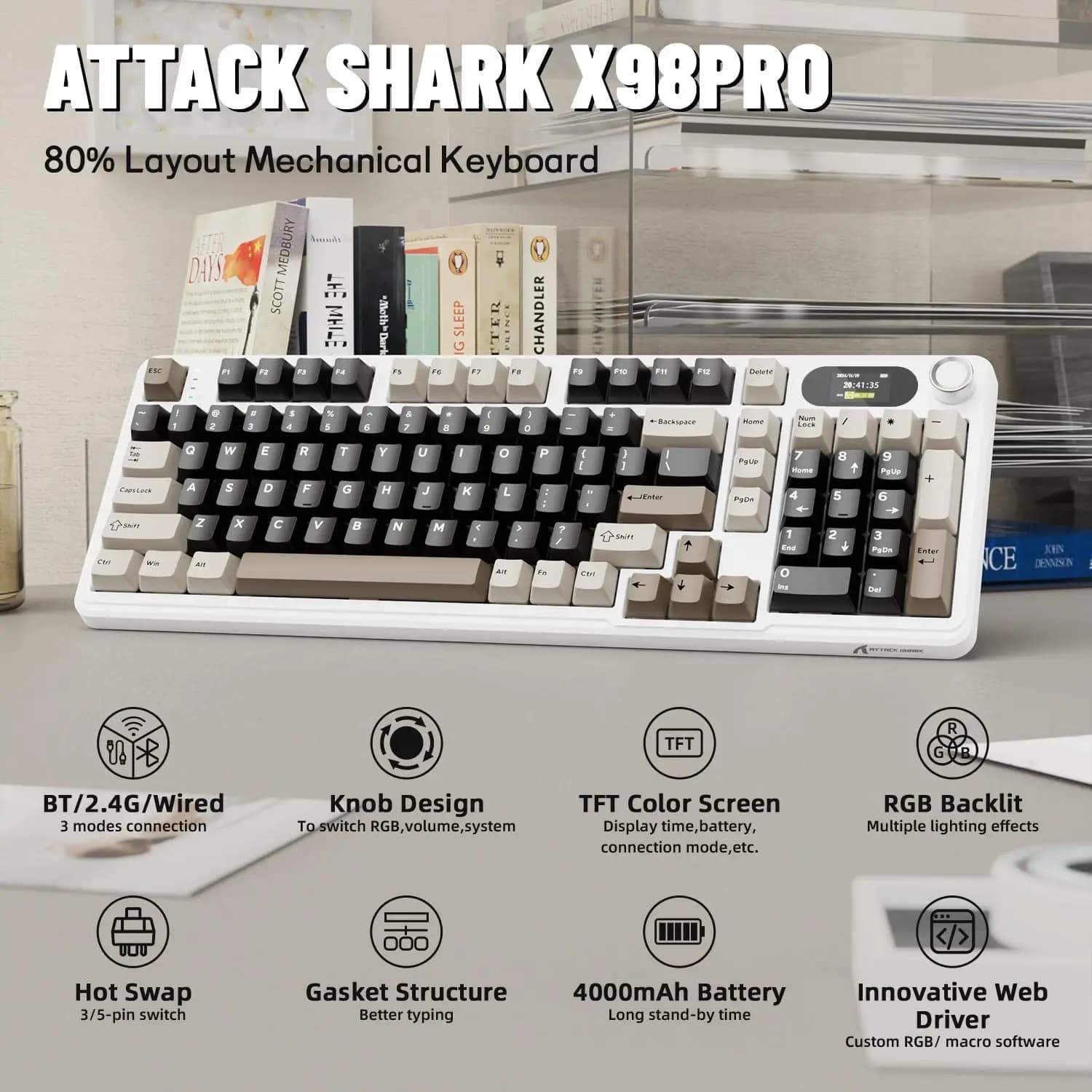 ATTACK SHARK X98Pro Tastiera meccanica wireless con schermo e manopola, tastiera RGB sostituibile a caldo con guarnizione tri-modale, driver Web