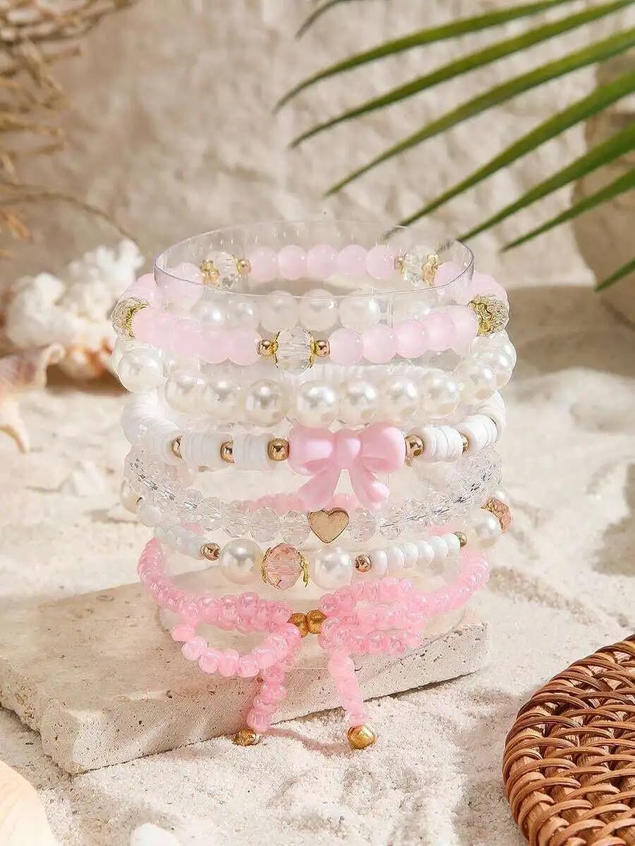 Set di 6 braccialetti con fiocco e perle finte in cristallo per donna, gioielli alla moda
