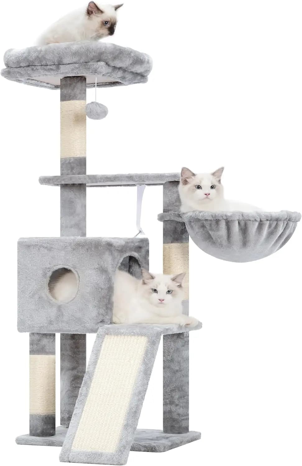 Albero per gatti da 42,5" – Tiragraffi, rampa, cestino, grotta e palla sospesa – Condo per gattini grigio chiaro