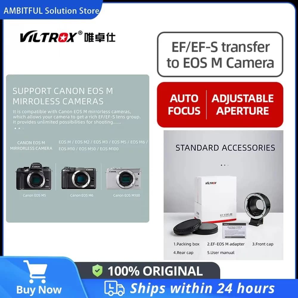 Anello Adattatore Elettronico per Obiettivi Viltrox AF con Autofocus, Montatura EF-EOS M per Fotocamere Canon EF/EF-S a EOS M EF-M M2 M3 M5 M6 M10