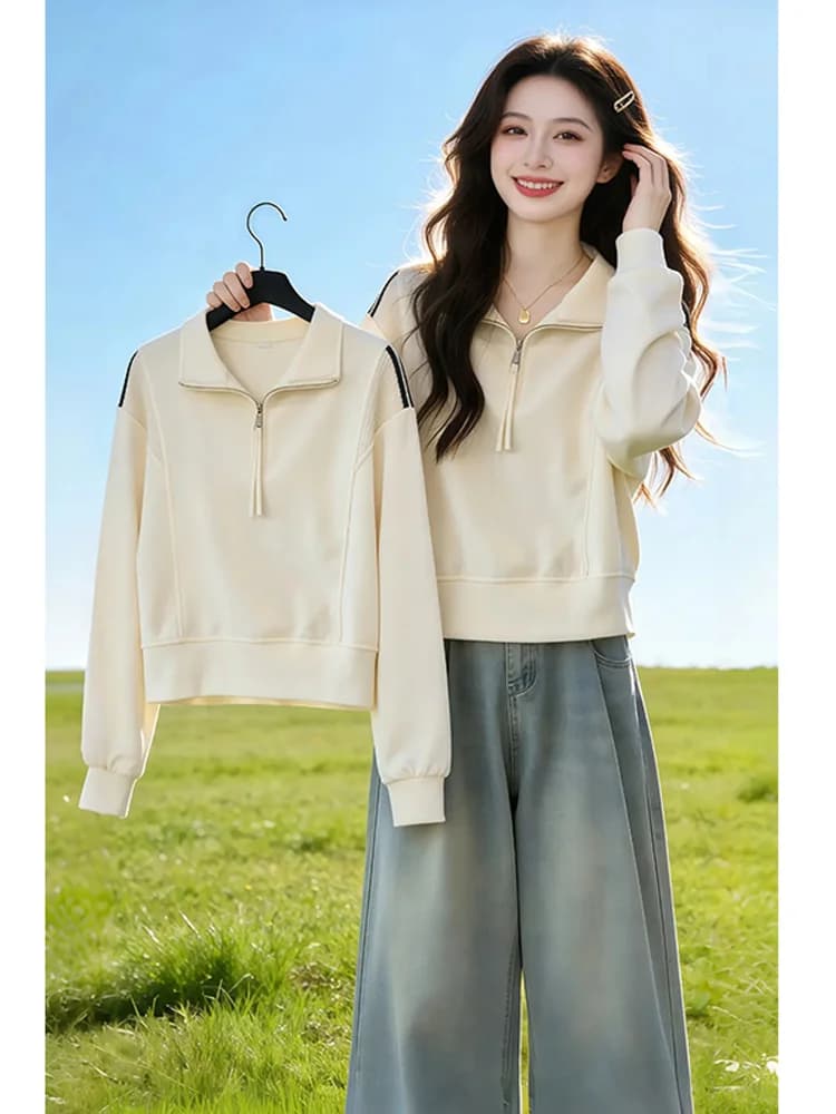 Loose Long Sleeve Hoodie Women Casual Collar Zipper Spring Autumn plus Size Versatile Comfortable Stylish Top for Ladies