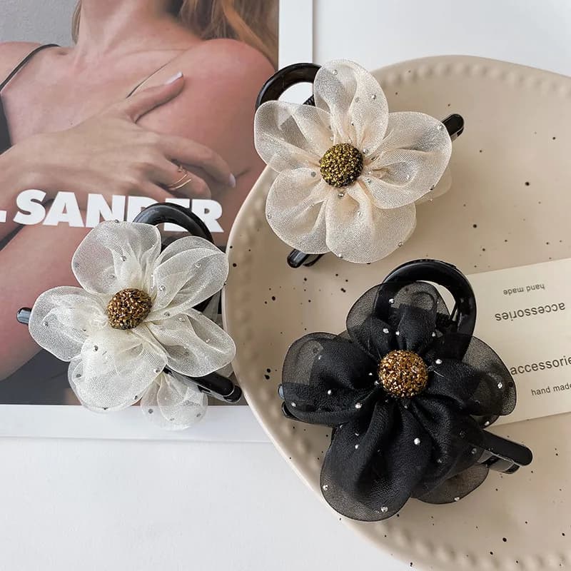 Sensation Mesh Water Diamond Flower Grip Clip per donna 2025 Nuova clip per squalo Clip per capelli coda di cavallo alta Clip per testa posteriore