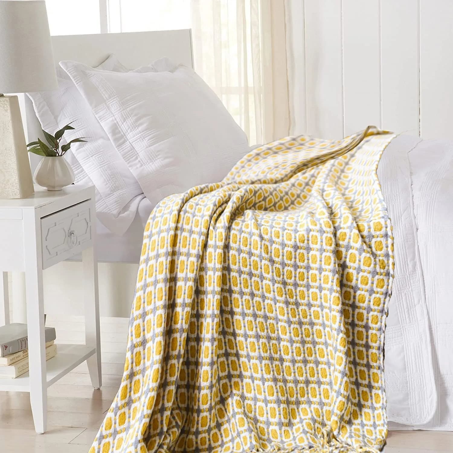 Coperta da tiro lavorata a maglia nordica giallo senape, scialle per divano, morbida coperta con nappe, sciarpa, comode coperte per pisolino, copriletto grosso