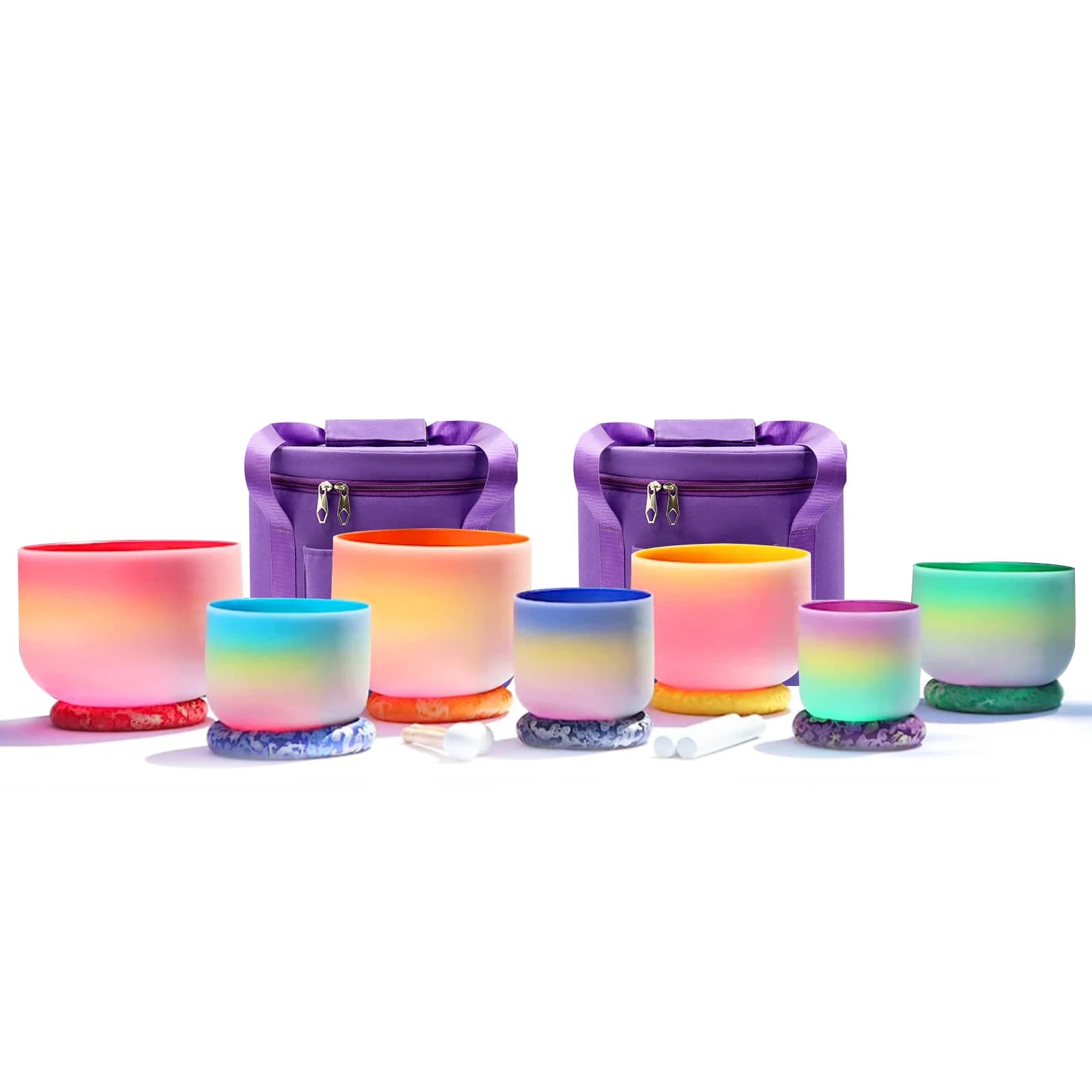 Hye-eun 7pcs Rainbow Quartz Crystal Singing Bowls 6-12inch Frosted Chakra Bowl Set Sound Healing with Silk O-rings and Bag