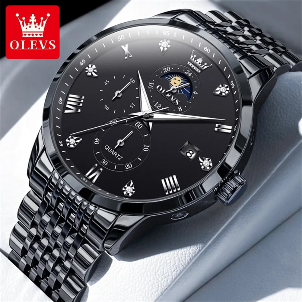 Orologio di marca OLEVS, molto venduto, multifunzionale, con cronometro a tre quadranti, al quarzo, impermeabile, da uomo, modello 2925