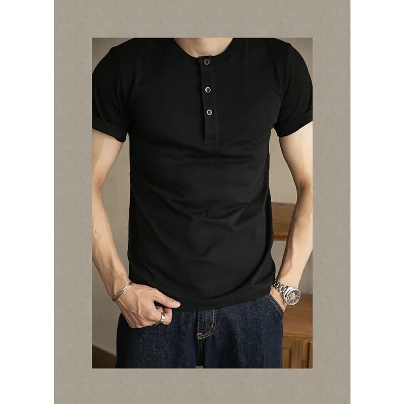 Men's Cream White Henley Neck Short Sleeve T-Shirt Button Front Slim Fit Casual Comfortable Top