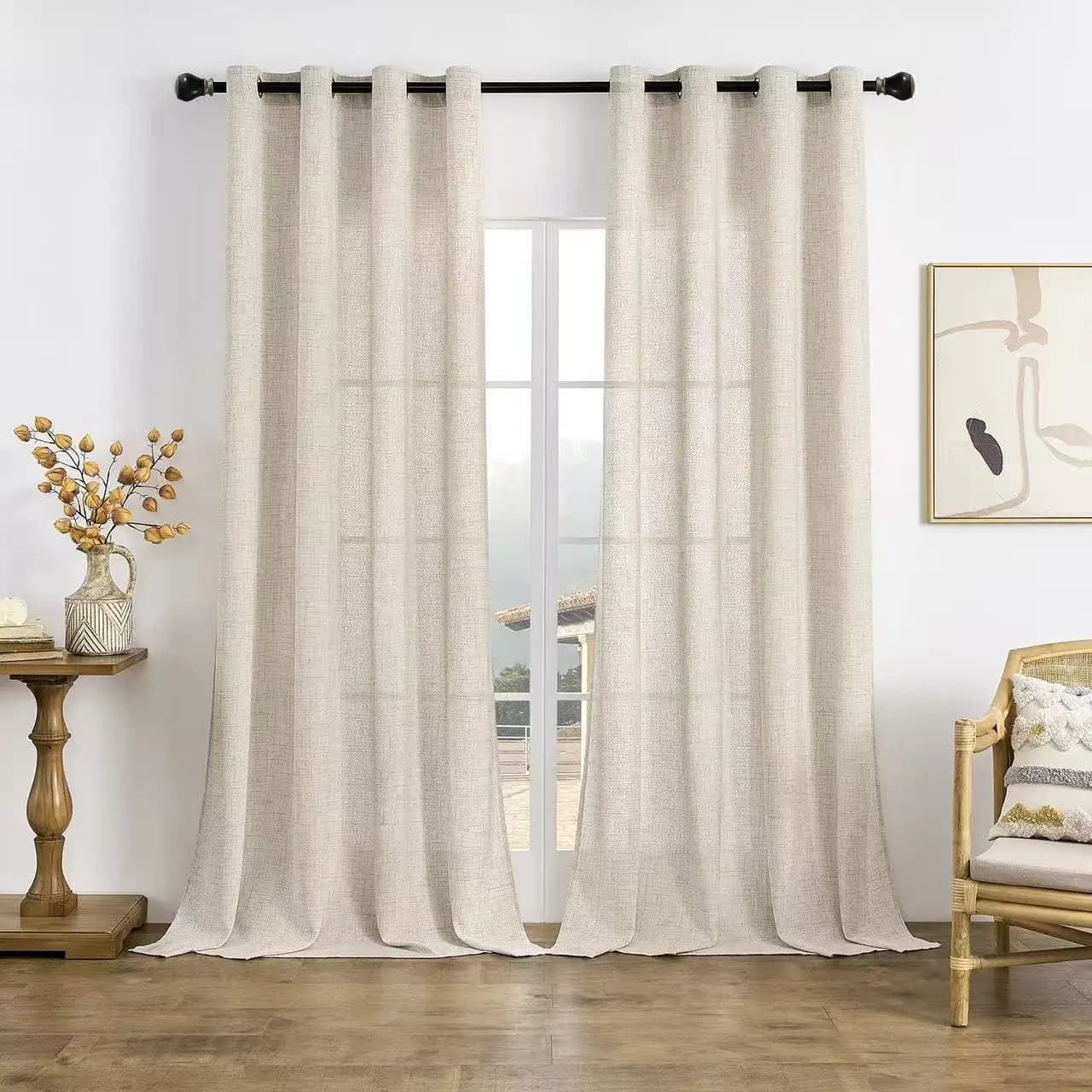 Modern natural linen curtain, semi-transparent wooden curtains for balcony door, perfect for living room and bedroom furniture