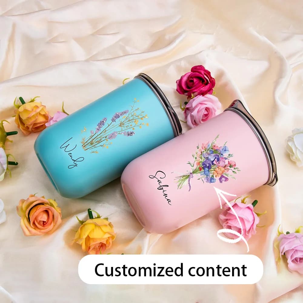 Personalized Customization Name: Carnation Flower Stainless Steel Cup, Straw Insulated Coffee Travel Cup,birthday Gift for Women