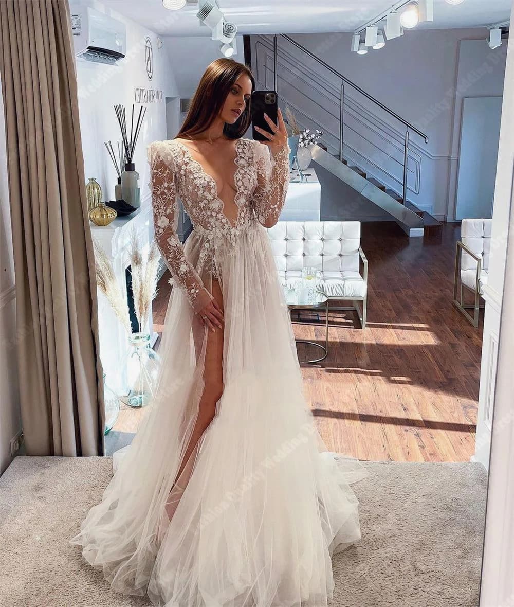 V-Neck Long Sleeves A-Line Tulle Wedding Dresses High Fork Women Bridal Gowns 2024 Mopping Length Vestidos De Novias Customized