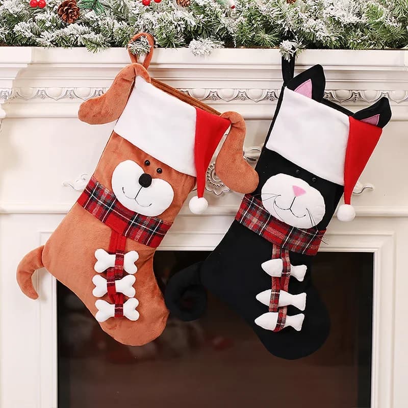 Calze di Natale 3D a forma di animali, in peluche, per cani e gatti, ornamenti da appendere all'albero con sacchetti per caramelle, per decorazioni festive per vetrine e casa