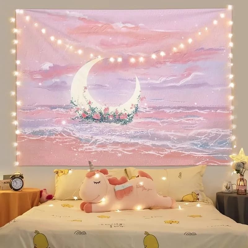 Dreamy Moon & Sea Tapestry, Pink Aesthetic Room Wall Decor