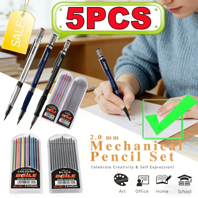 New 1-5PCS Mechanical Pencil Set 2.0 mm with 2B Black/Color Lead Refill For Writing Art Drawing Painting School Automatic Pencil