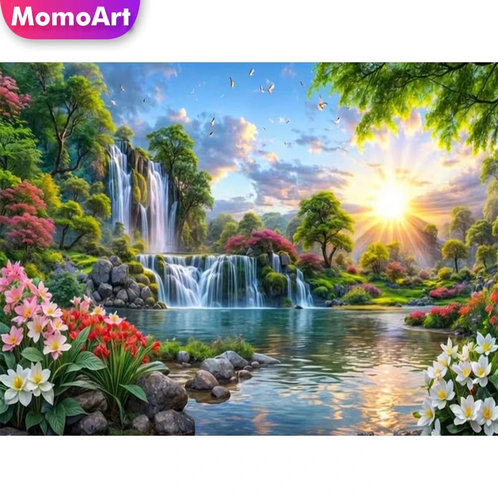 Momoart Diamond Embroidery Waterfall Landscape DIY Full Square Round Diamond Painting Sunset Craft Kit Mosaic Handmade Gift