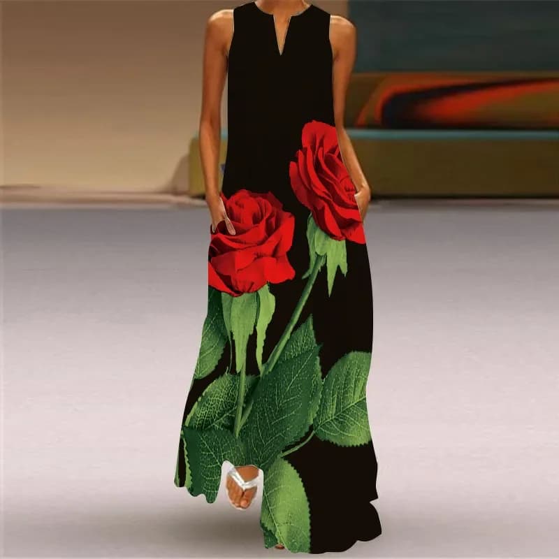 Long Dress with Red Rose Print for Women Casual Summer Dress with Party Sleeveless V-neck Long Dress Women's Clothing
