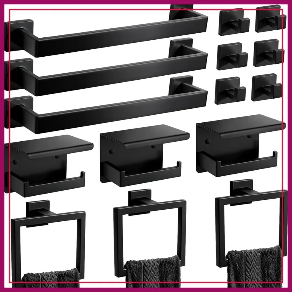 Set di Accessori per Bagno in 15 Pezzi, Nero Opaco, Portasciugamani e Portarotolo in Acciaio Inox con Mensola