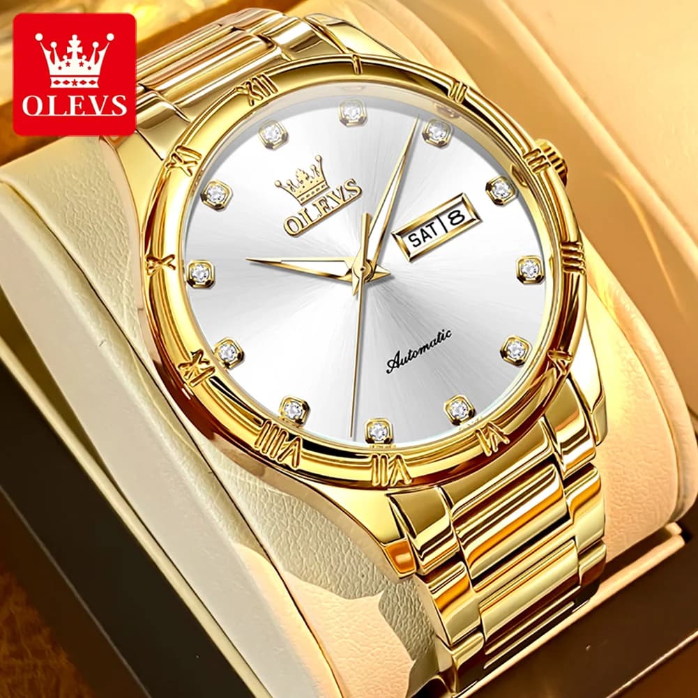 OLEVS 7030 Orologio da uomo originale 30M Orologio meccanico impermeabile per uomo Orologio da polso con doppio calendario con scala di diamanti luminosi