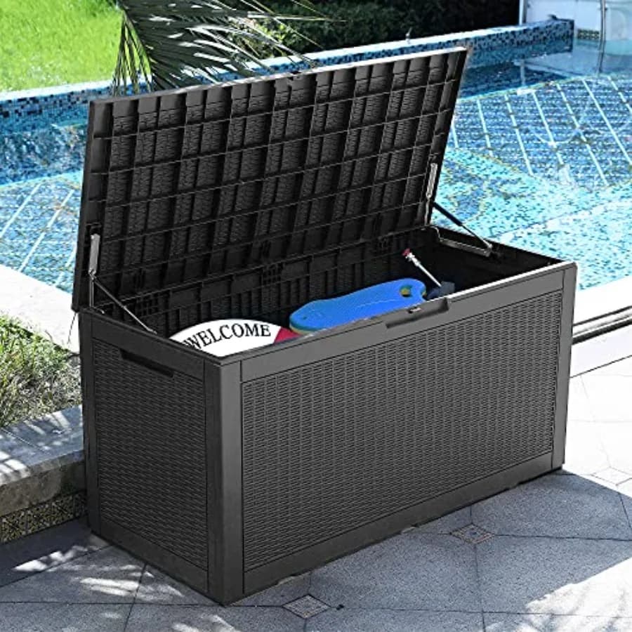 Large 100 Gallon Exterior Box for Garden Furnishings, Bearings and Tools, Water Resistant and Safety Closure