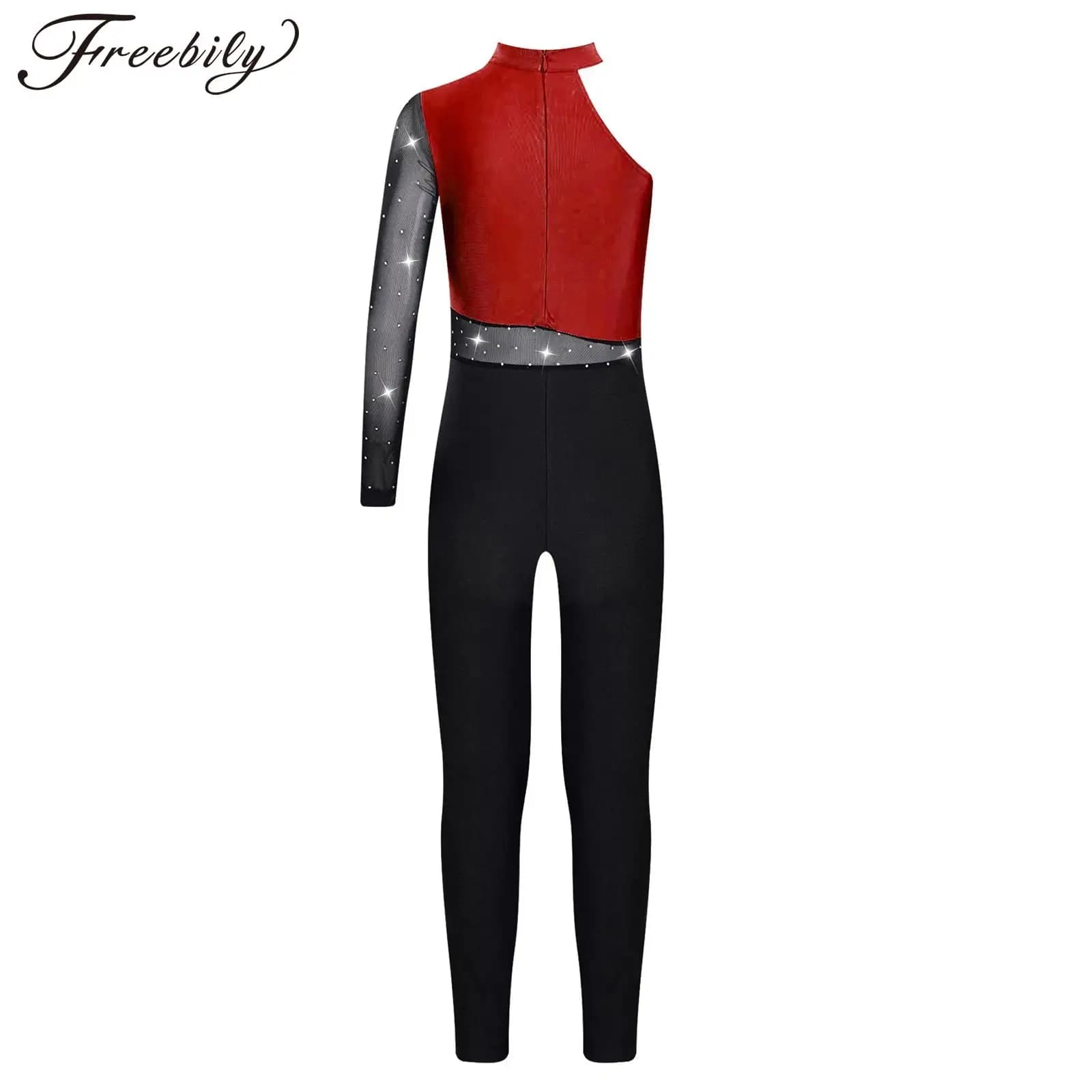 Girls Sparkle Ballet Outfit Rhinestones Rhythmic Gymnastics Dance Clothes Long Sleeve Back Cutout Ice Figure Skating Leotards