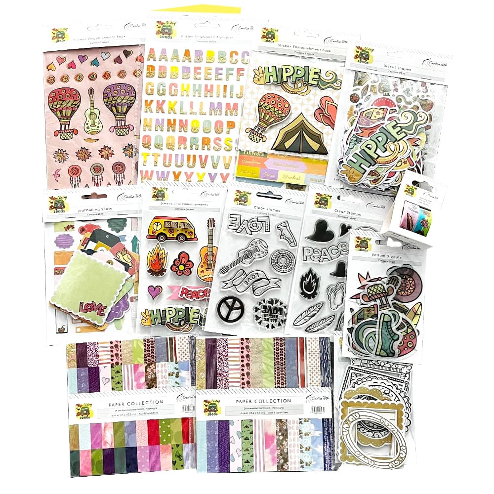 Creative Path 1960s Scrapbooking Journaling Set 13pcs Decorative Paper Stickers Die Cuts Stamp Frames DIY Crafting Kits Full Set