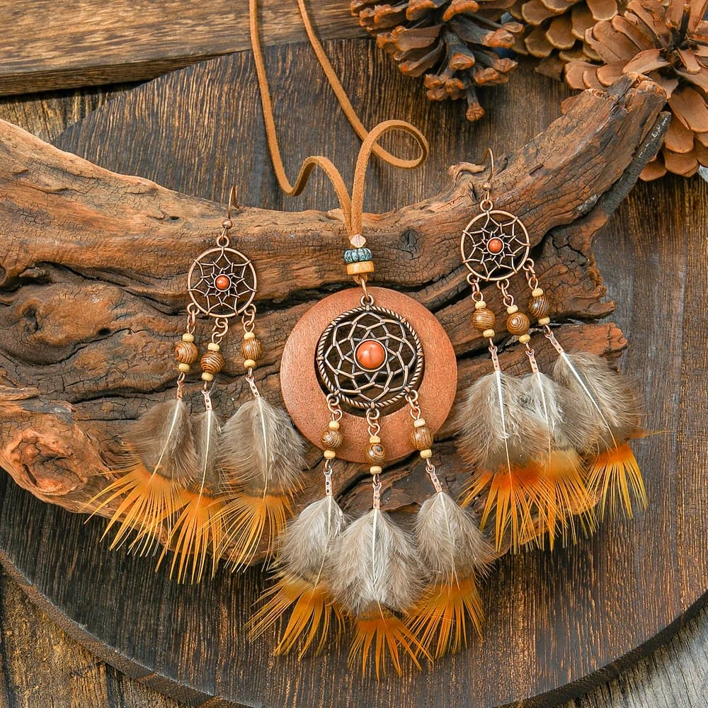 Boho Vintage Style Simulated Feathers Jewelry Set Dreamcatcher with Acrylic Stone Double-layer Pendant Necklace Daily Wear Gifts