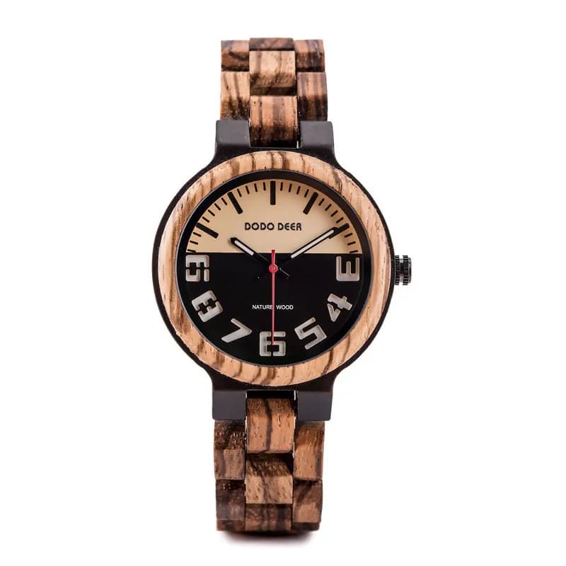 Color-Block Luminous Numeral Wooden Wristwatch for Women with Quartz Round Folding Clasp Business Watch