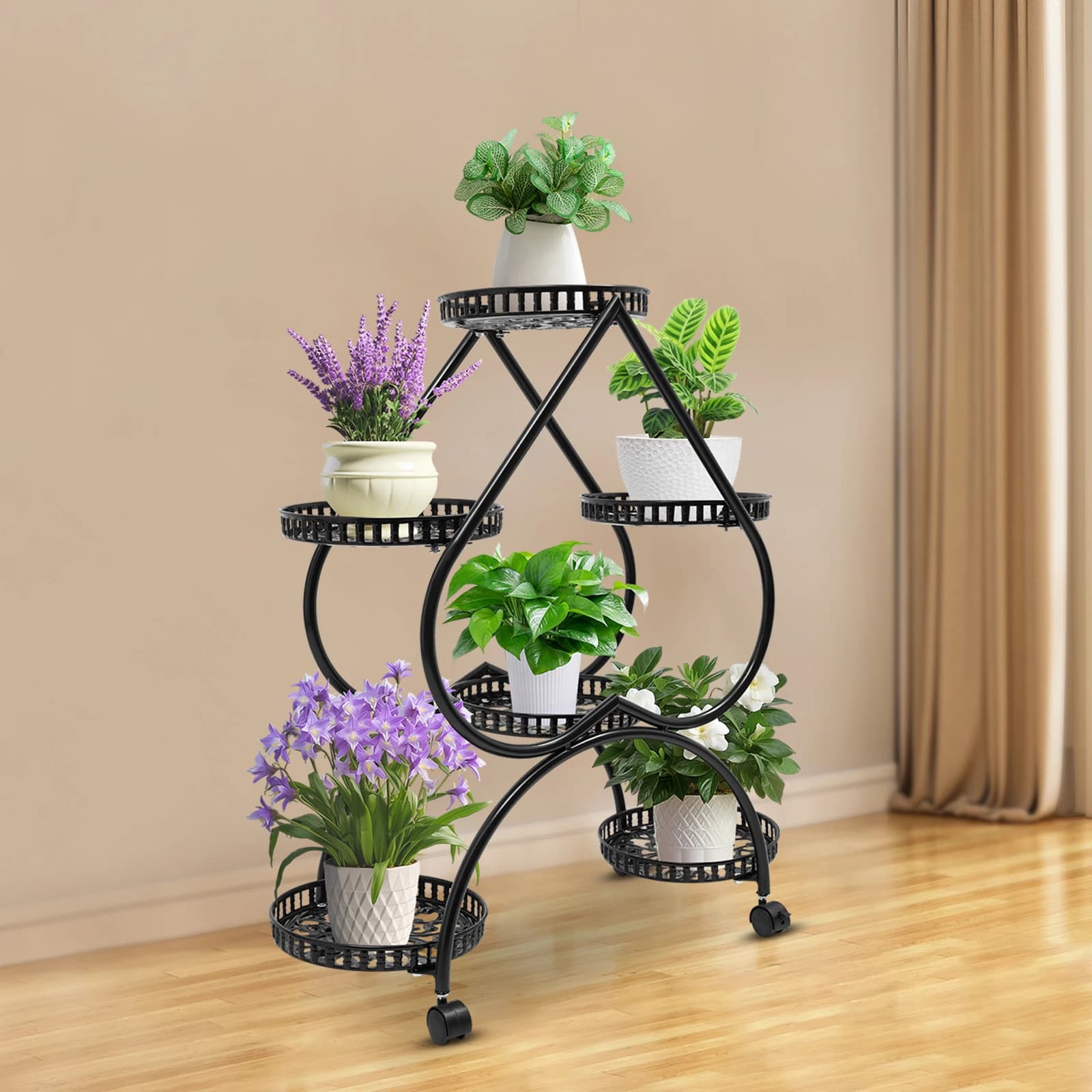 Support for Plants with 4 shelves, Door Plants with 6 Vases and 4 Wheels, Support for Heart Shaped Jars for Terrace, Balcony, Office