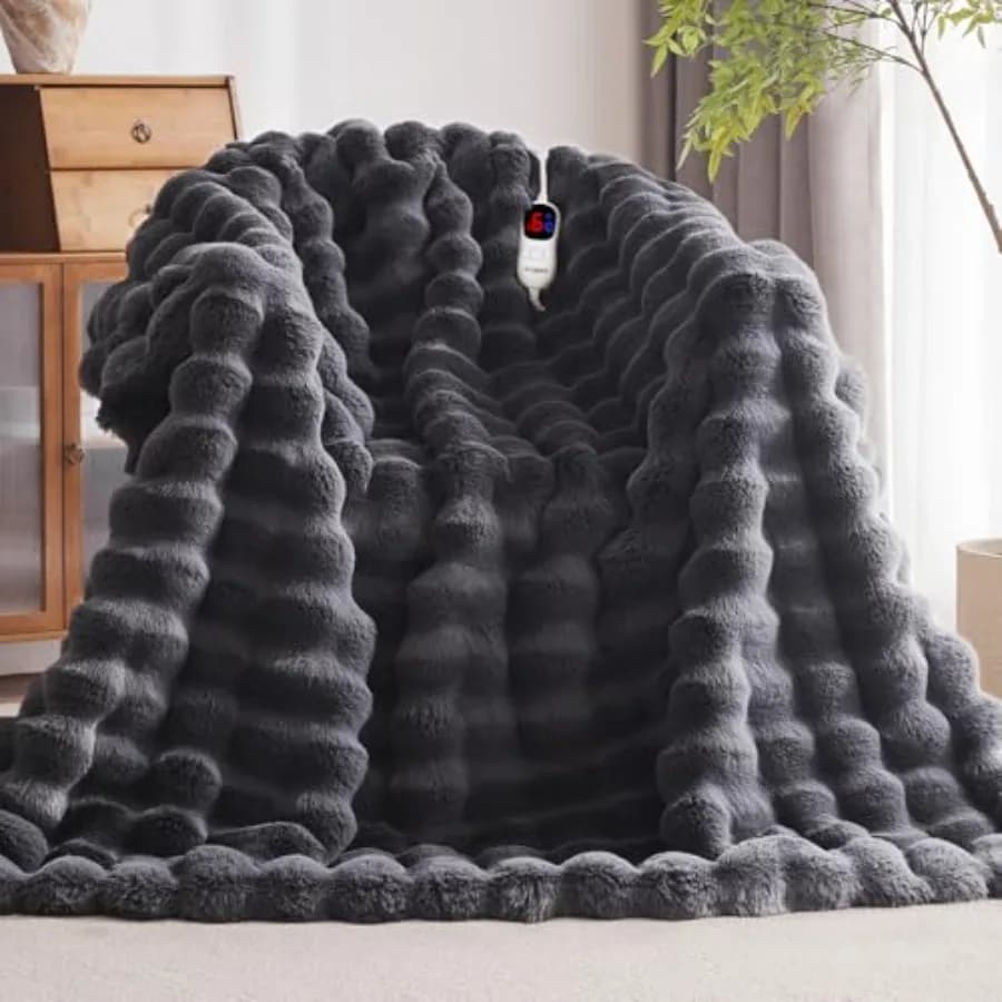 Coperta Elettrica Riscaldata con Spegnimento Automatico 1/2/4/6/8 Ore, 10 Livelli di Calore, 127x152 cm, in Morbida Pelliccia Sintetica di Coniglio