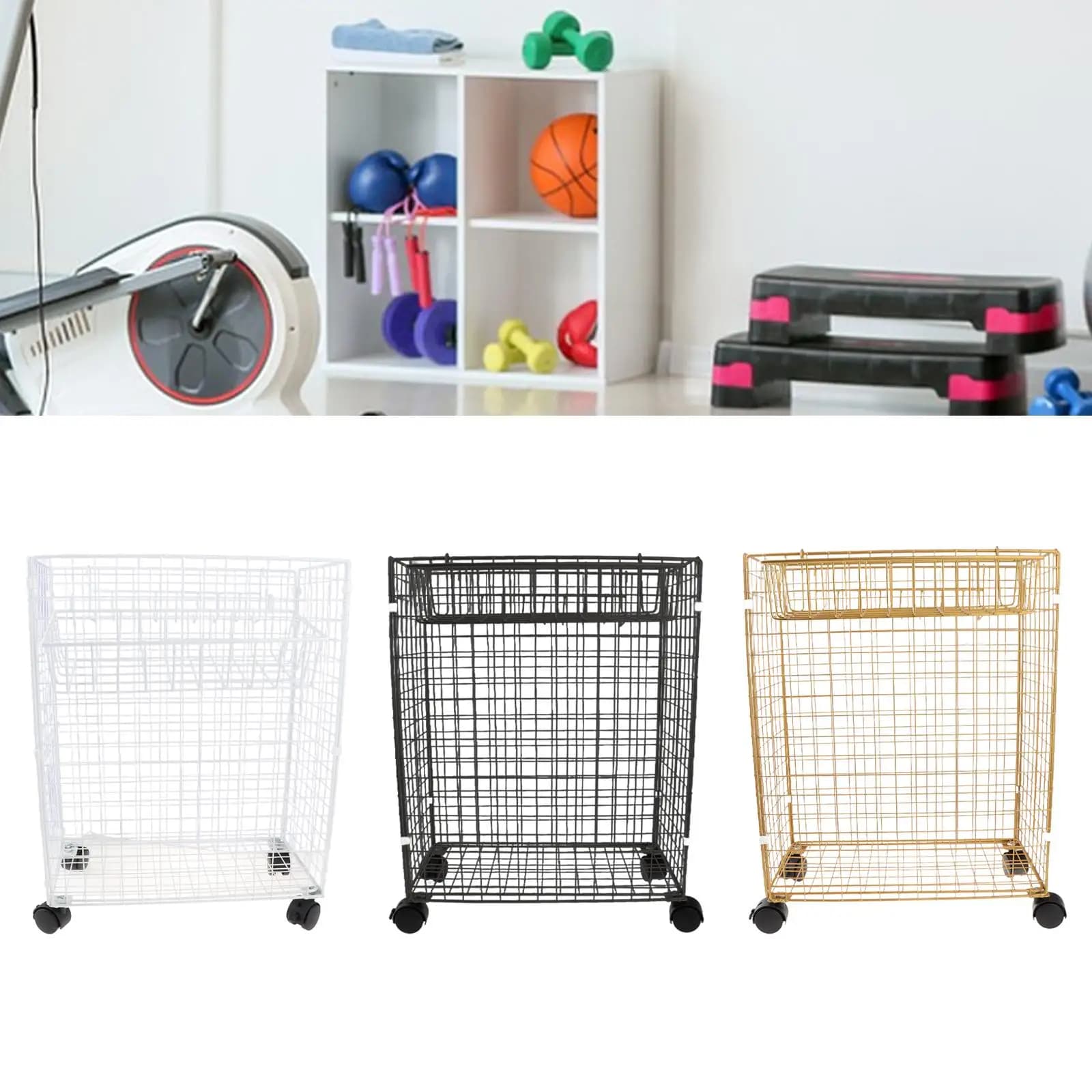 Cesto Portabiancheria con Tappetino, Contenitore Portaoggetti, Cesto per Bucato con Ruote, Scaffale Portaoggetti per Palestra Domestica per Rullo in Schiuma, Blocco, Kettlebell