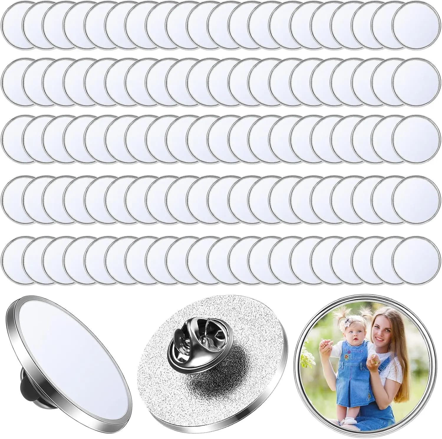 100 pz Perni di Sublimazione Bottoni Bulk Rotondo Bottoni di Sublimazione Spazi Vuoti con Perni Bottone FAI DA TE Kit Distintivo Sublimazione Argento Vuoto