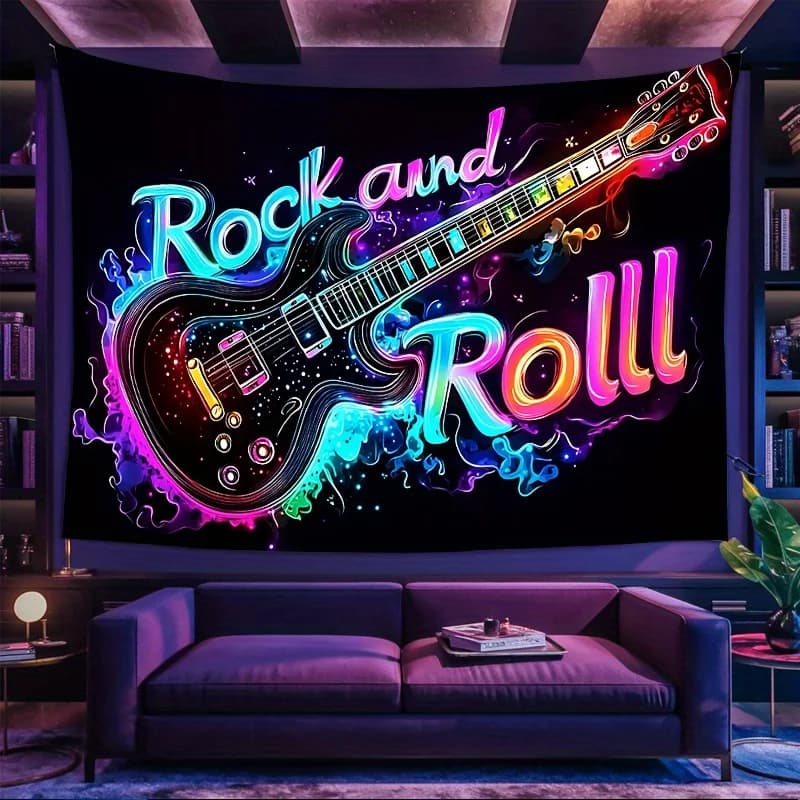 Aesthetic Rock and Roll Music Guitar Tapestry Wall Hanging Neon Concert Decor Boho Style Bedroom Poster Large Art Print