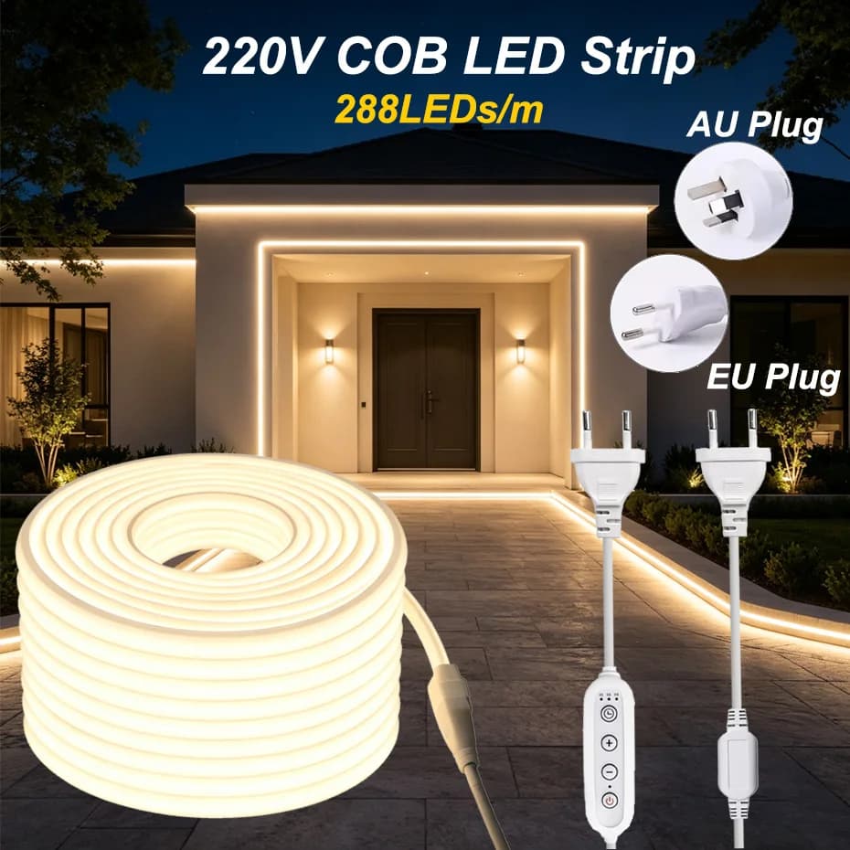 Super Bright 220V COB LED Strip Light 288LEDs/m IP65 Waterproof with AU EU Switch/Dimmer Plug Cold Warm White for Home Lighting