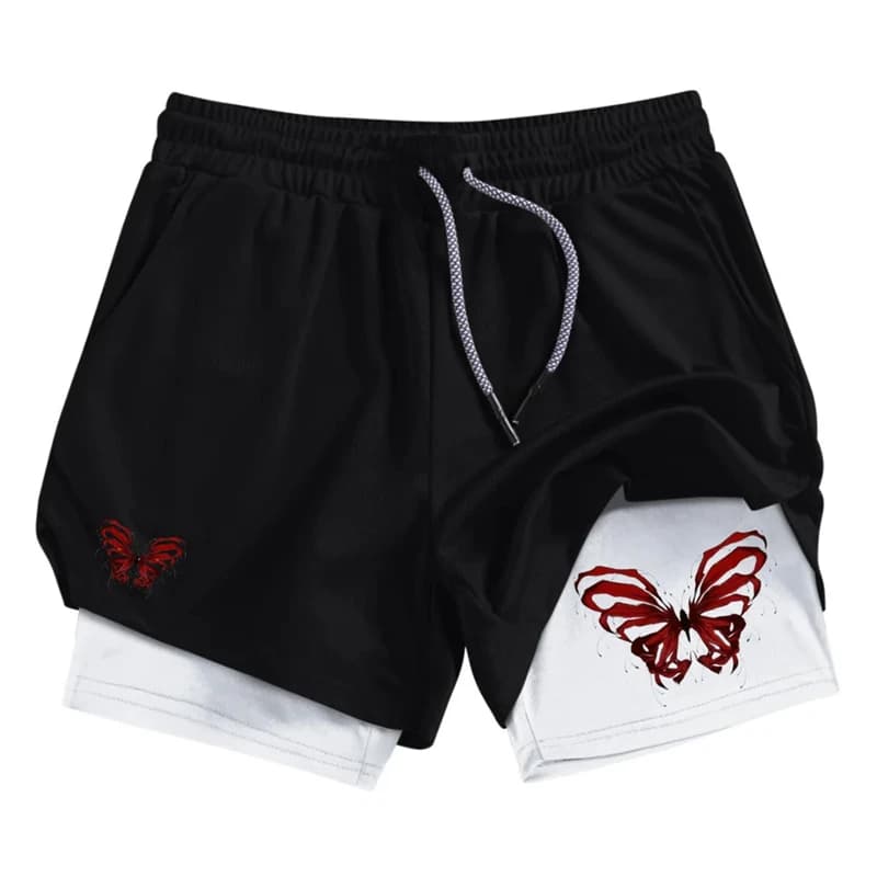Pantaloncini 2 in 1 con stampa a farfalla da uomo Pantaloncini sportivi traspiranti ad asciugatura rapida con tasca per telefono Pantaloncini da allenamento per corsa e allenamento in palestra