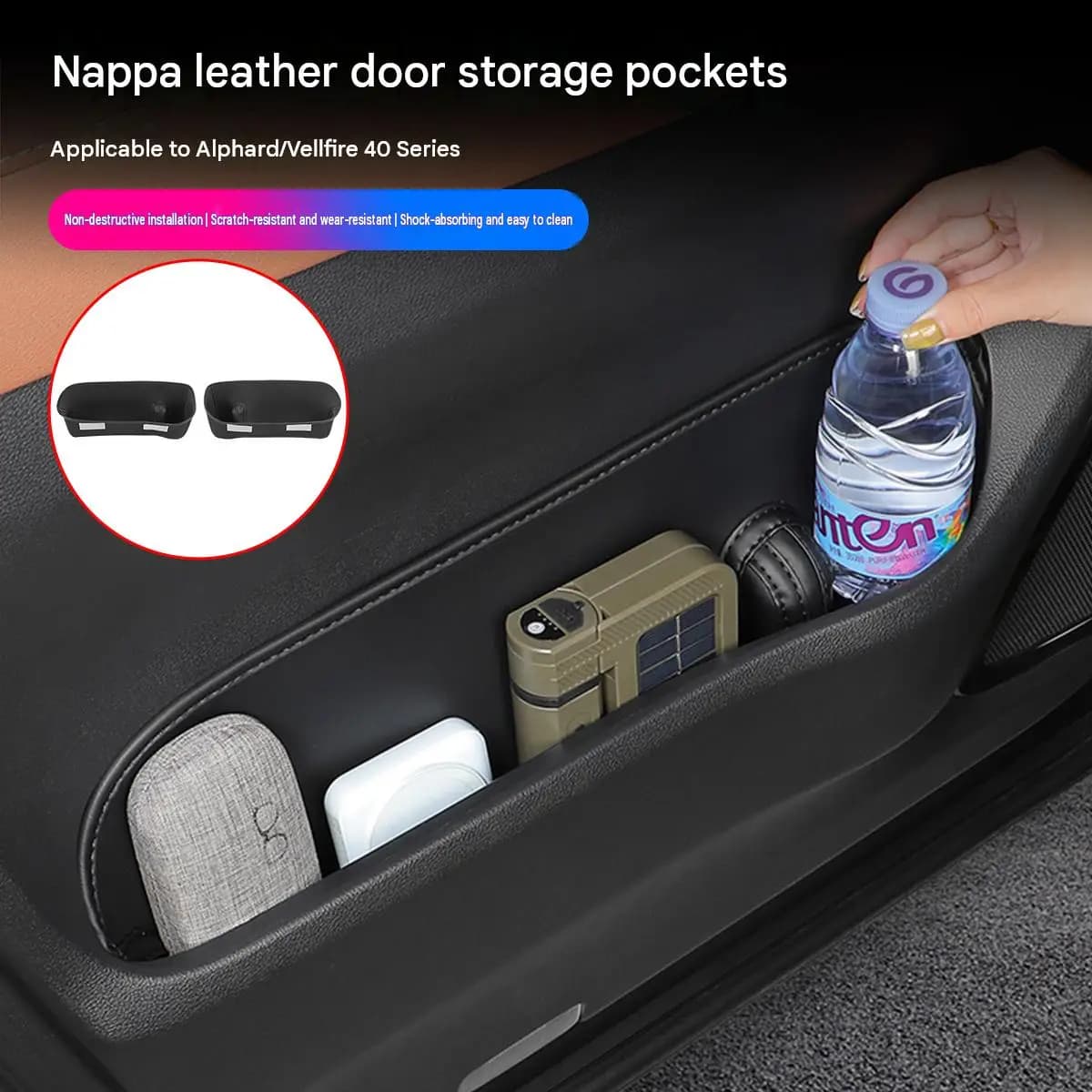 Car Door Storage Pocket for Toyota Alphard Vellfire 40 Series Nappa Leather Front Door Storage Box Interior Organizer Accessory