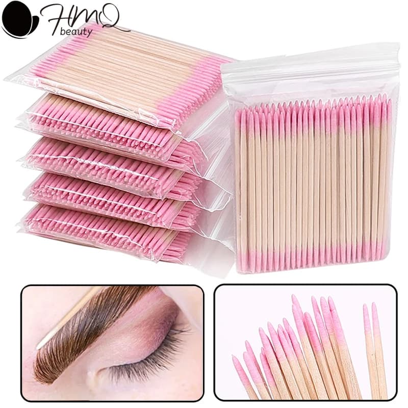 100/200/500 pezzi tamponi di cotone usa e getta in legno punta a doppia faccia bastoncini di legno colla rimozione strumento di trucco bastone pulito accessori per ciglia