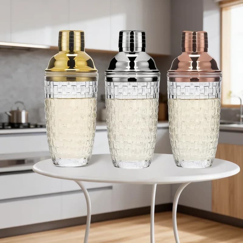 Shaker per cocktail in vetro con struttura intrecciata, coperchio in acciaio inossidabile, bicchiere da cocktail con coperchio e colino in acciaio metallico a prova di perdite