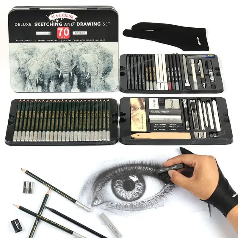 70Pcs Set Sketching Drawing Pencils Metal Box Art Kits Charcoal Graphite Stick Accessories Complete Graphing Series Stationery