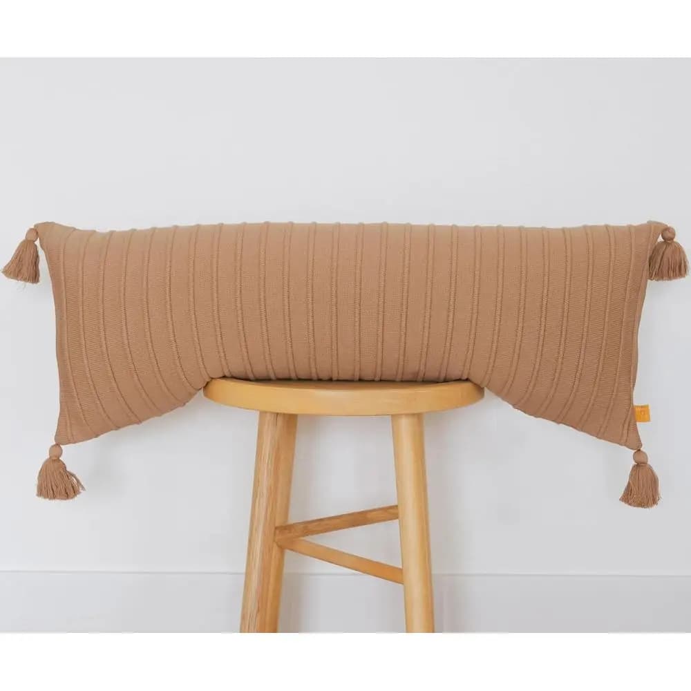 Fodera per cuscino lombare in cotone a coste, 14x36, con nappe, color moka, neutro caldo per spazi accoglienti