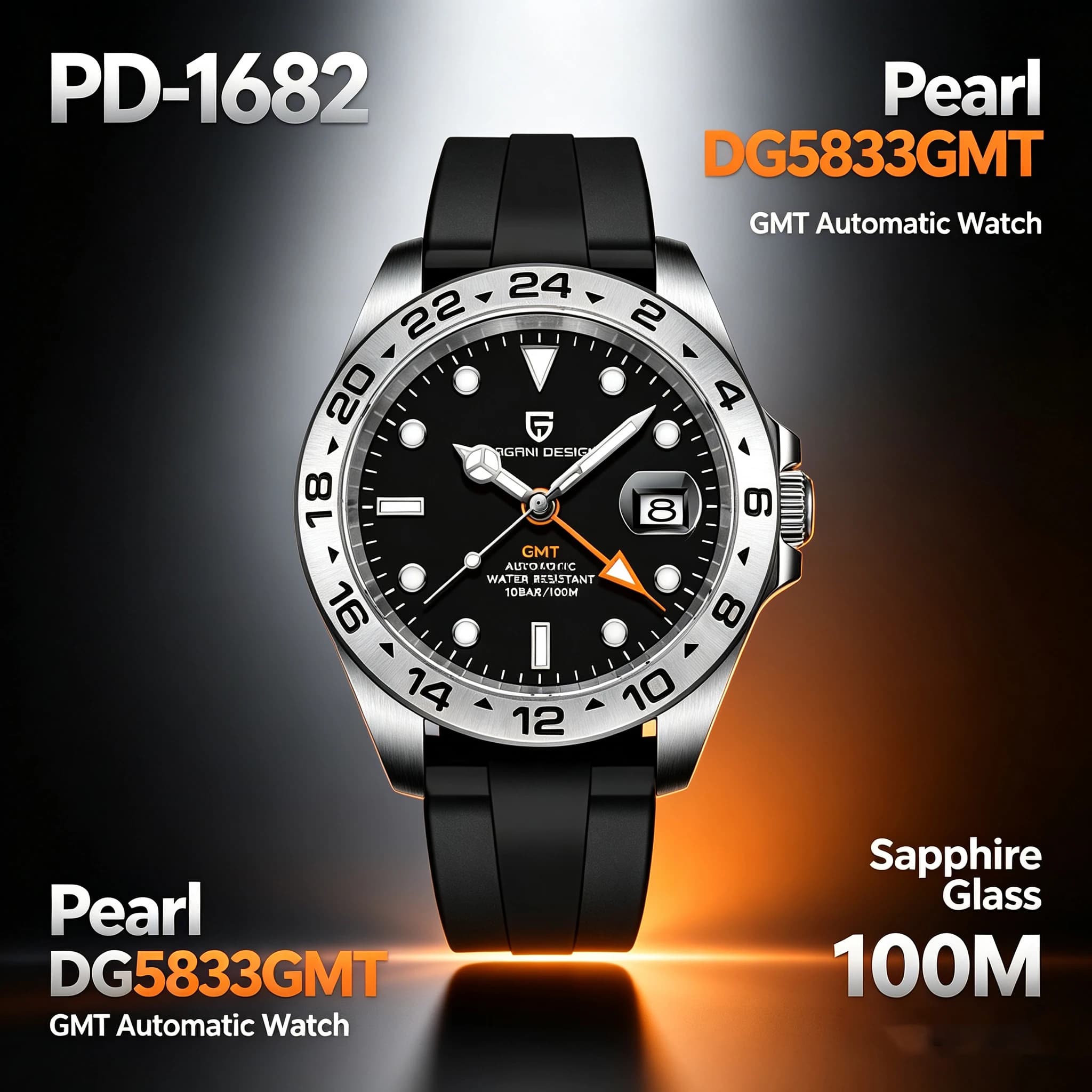 PAGANI DESIGN Automatic GMT Watch DG5833GMT Movement Rubber Strap 100M Waterproof Luminous Men Sports Mechanical Wristwatch