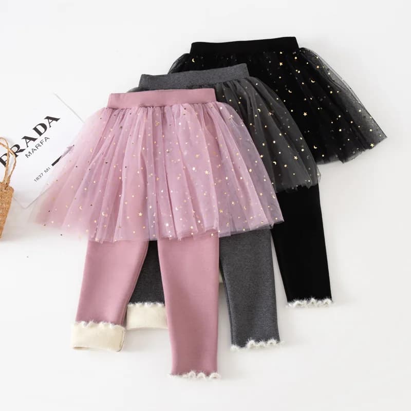 Leggings spessi foderati in pile da ragazza autunno e inverno con paillettes, finti due pezzi, pantaloni caldi con gonna per bambini, pantaloni con gonna da principessa