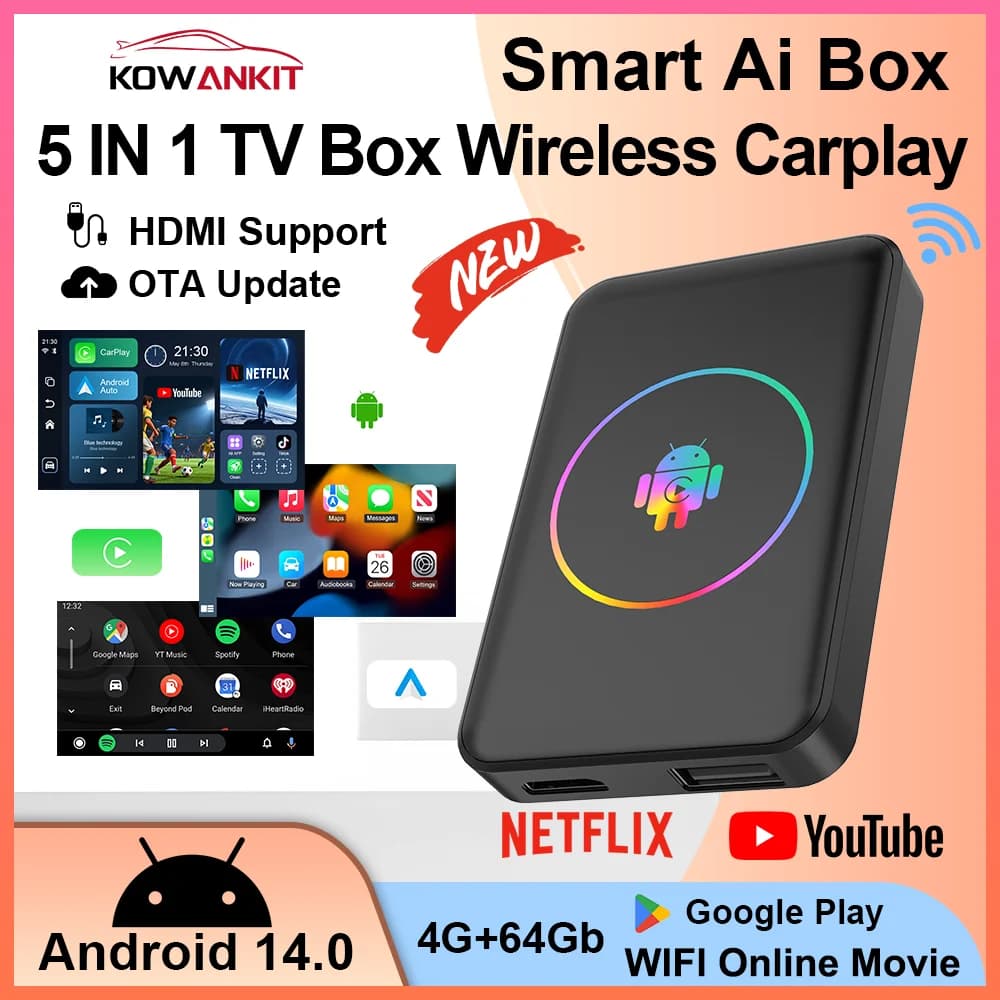 Box Android 14 Wireless CarPlay AI 4+64G Kowankit 5 in 1 Smart HDMI Plug & Play Android Auto Car TV Box per YouTube Netflix 2026