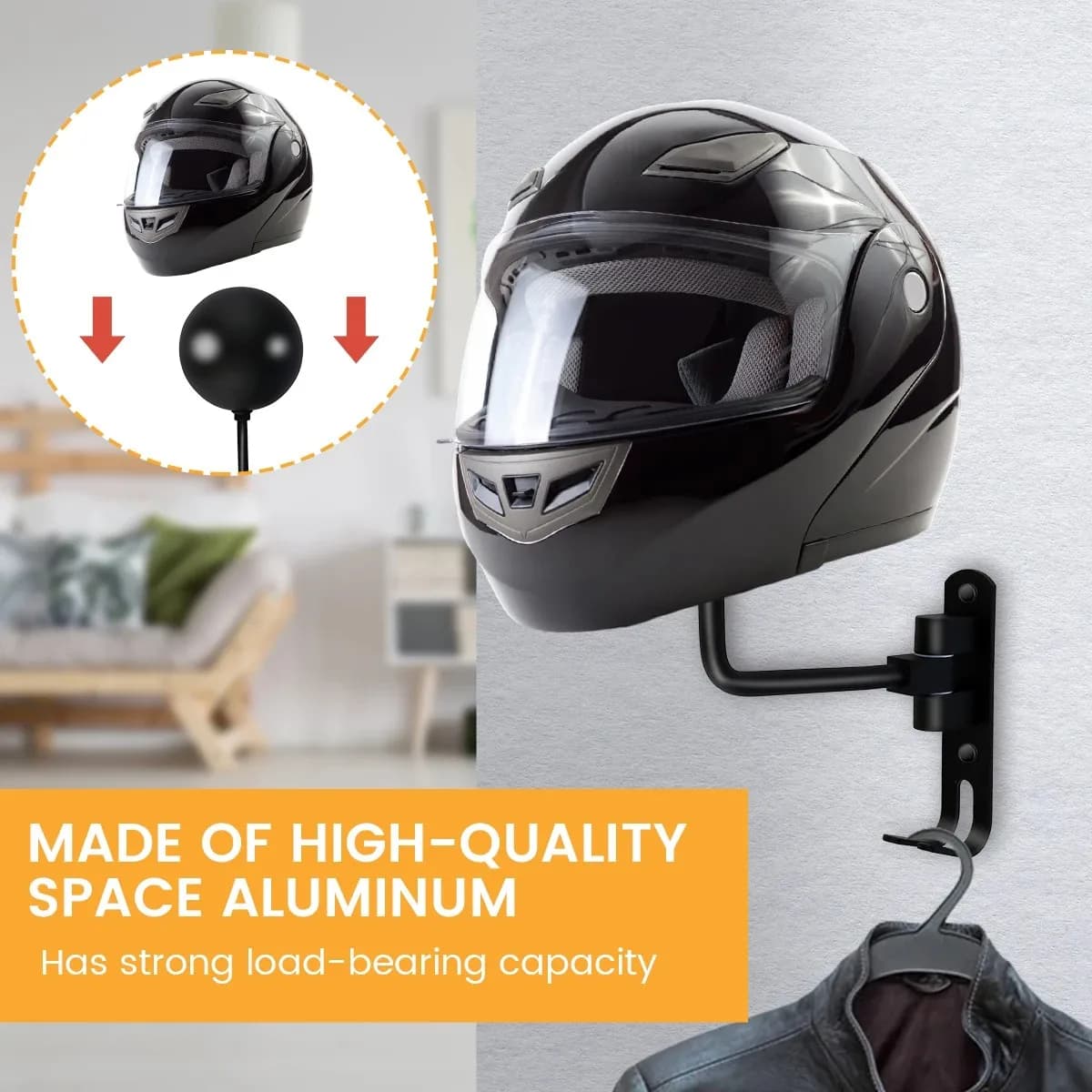 Accessori moto Montaggio a parete Girevole a 180° Portacasco con 2 ganci Metallo Gancio per casco per Cappotti da moto