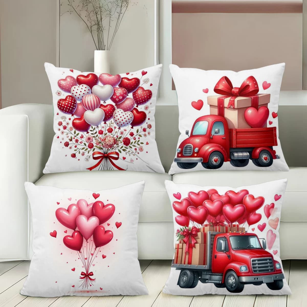 Romantic Valentine's Day Red Truck and Heart Pattern Decorative Pillow Case 2D Printed Sofa Cushion Cover Home Decor