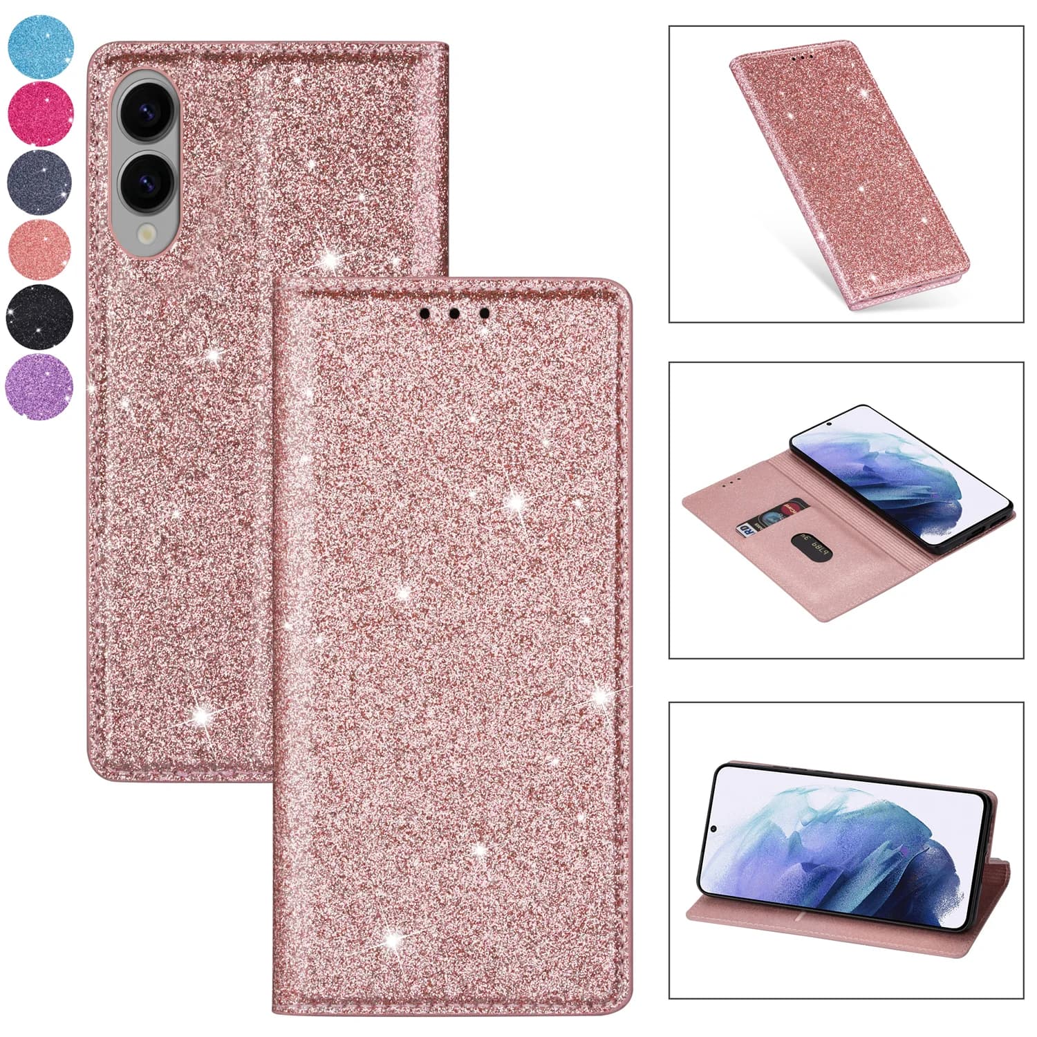 Glitter Leather Case for Samsung Galaxy S25 S26 S24 S23 FE S22 S21 Ultra Plus + A37 A57 A07 A17 A06 A16 A36 A56 A26 Flip Cover