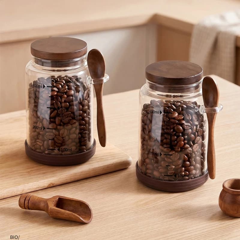 Vintage Walnut Cover Glass Coffee Bean Sealed Jar Scented Tea Spice Storage Jar Moisture-proof Transparent Packaging Jar
