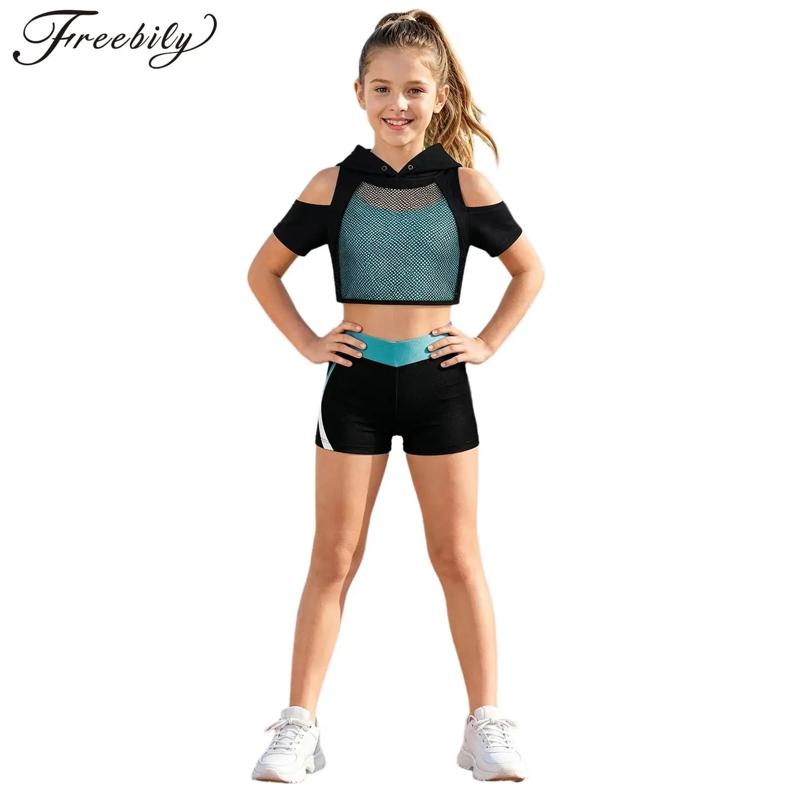 Kids Girls Sports Outfit Short Sleeve Hollow Out Mesh Cropped Hoodie with Vest Athletic Shorts for Yoga Dancing Running Cycling